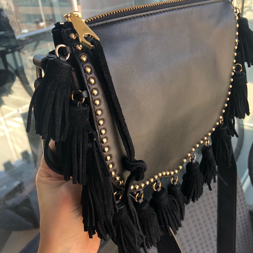 Rebecca Minkoff black leather + suede fringe bag